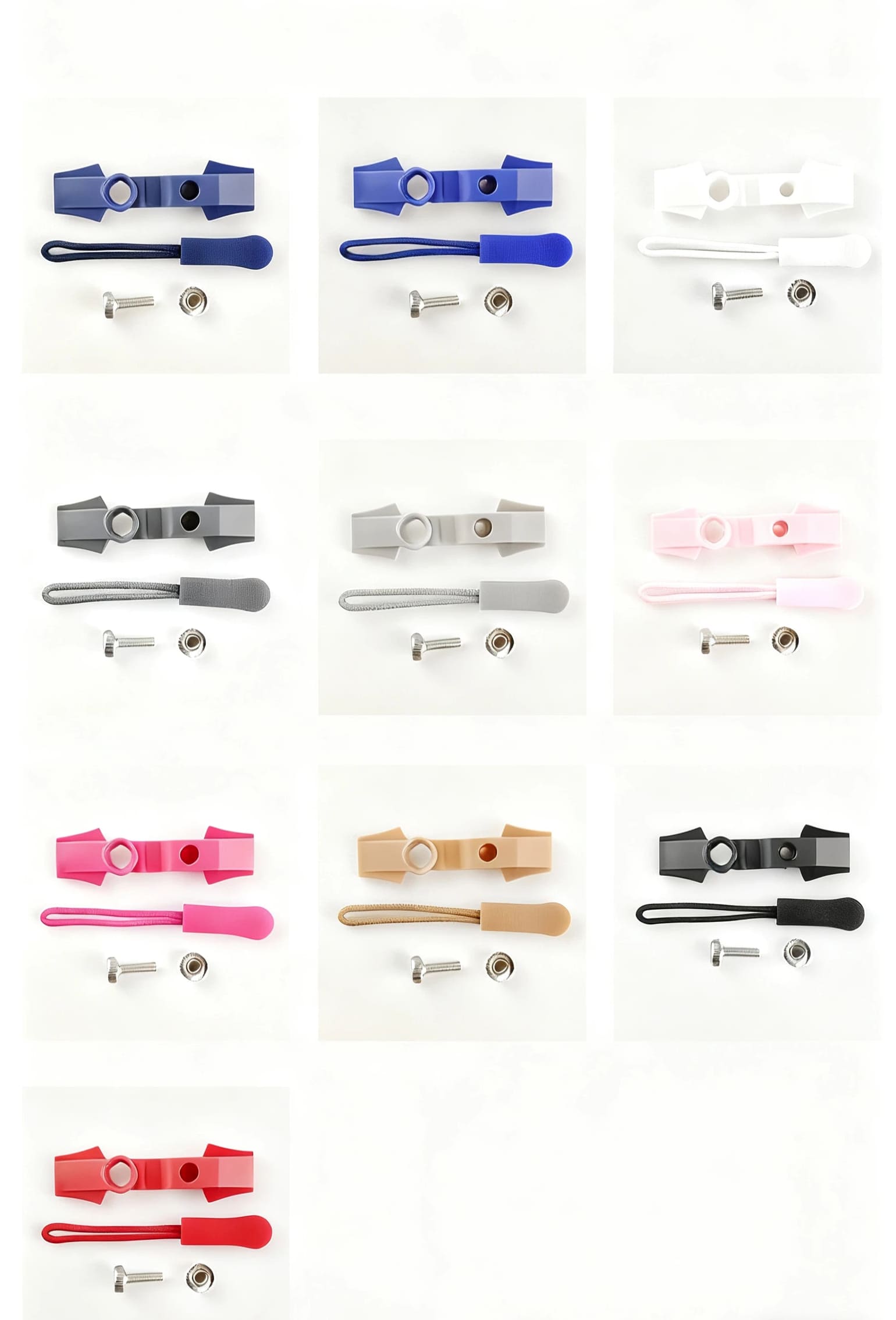 Ten color options for the reusable zipper pull, including black, silver, and gold.