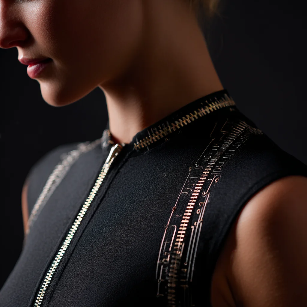 Elegant black dress featuring a prominent metallic zipper along the neckline and shoulder area, highlighting the garment's detail.