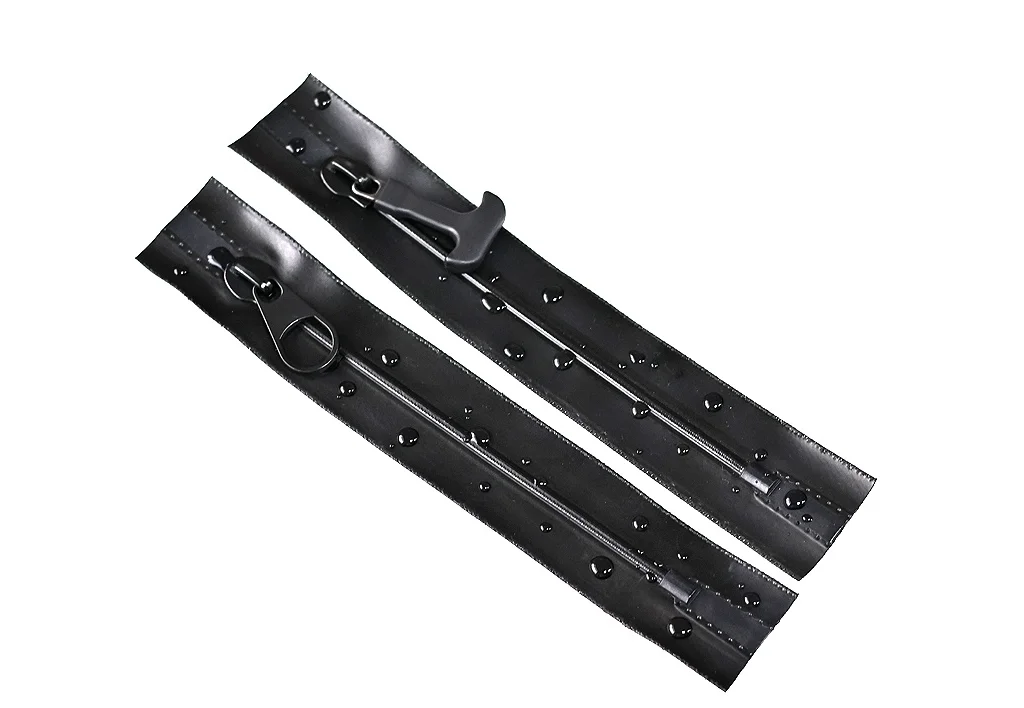 Two black waterproof zippers with water droplets on the surface, showcasing durability and water resistance.