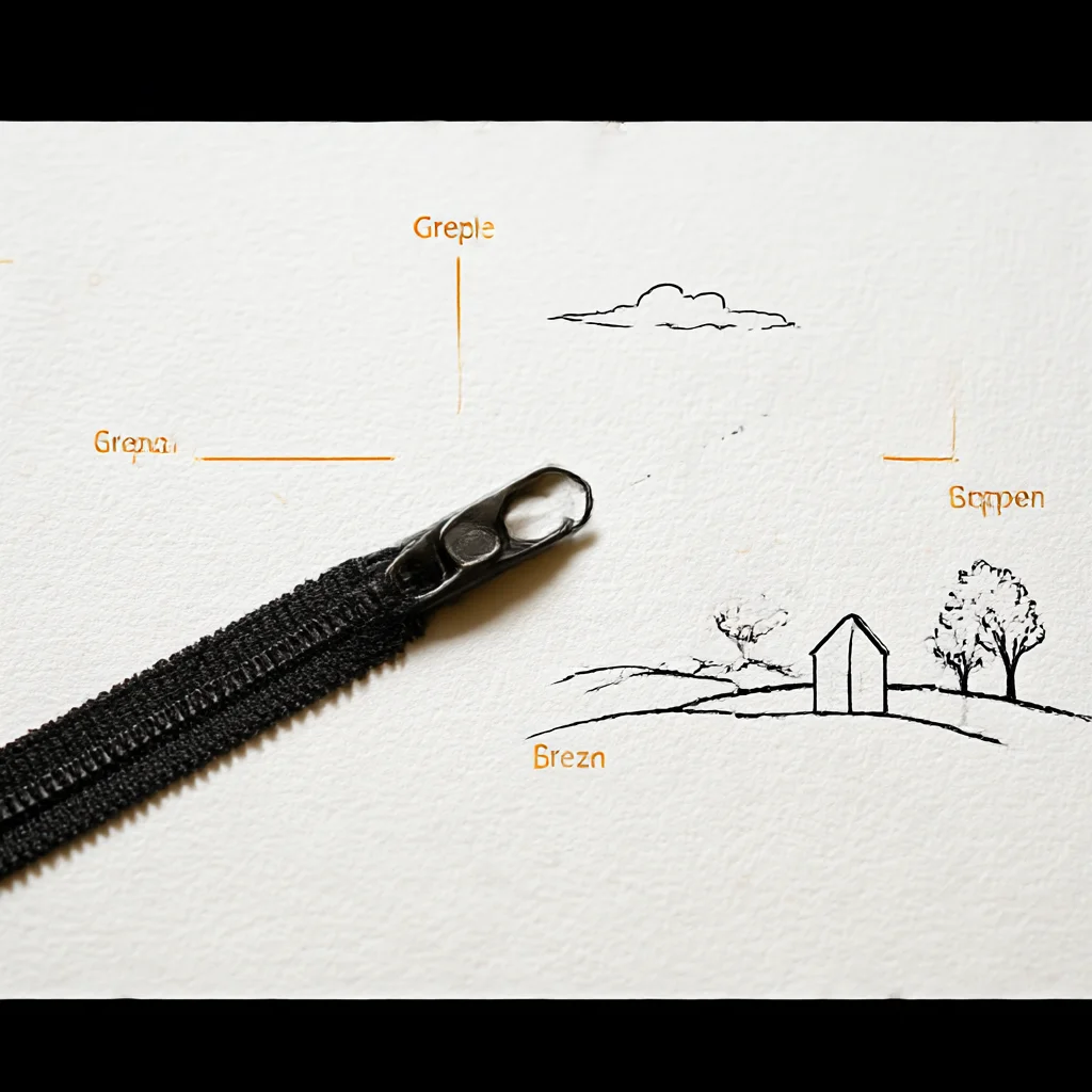 A black zipper lies diagonally on a textured paper alongside minimalist line drawings of a house and trees, with labeled sections.