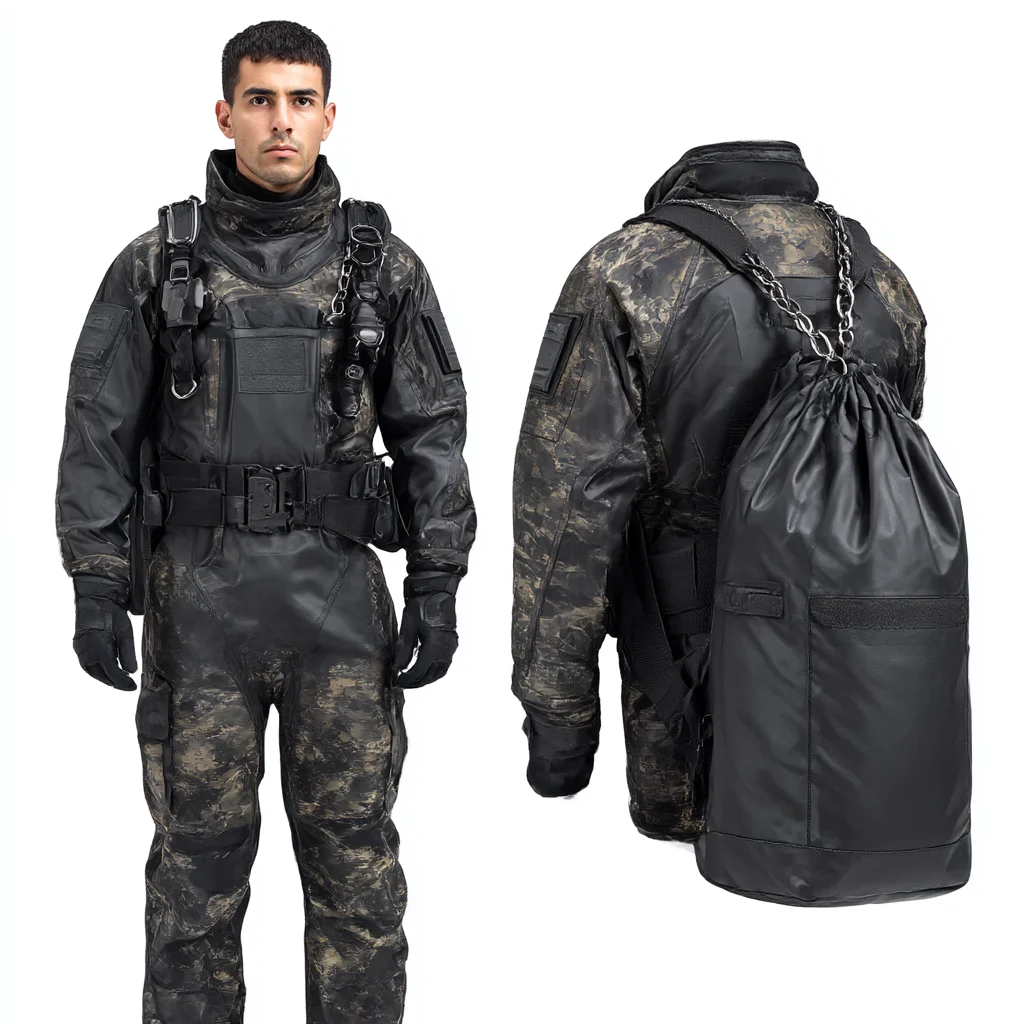 A detailed view of a camouflage diver drysuit, including harness and belt, paired with a black carrying bag in rugged outdoor gear.