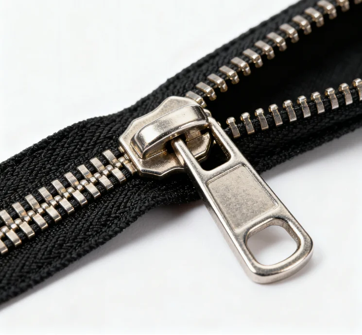 Close-up view of a metal zipper with silver teeth and slider on black fabric tape.