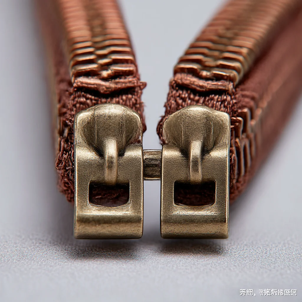 Close-up view of a brass metal zipper mechanism with intricate design on a textured surface, highlighting its detailed craftsmanship.