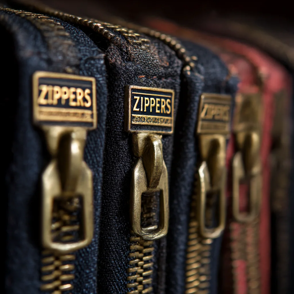 Close-up of brass zippers on a row of denim fabric, highlighting the texture and design of the zipper pulls.