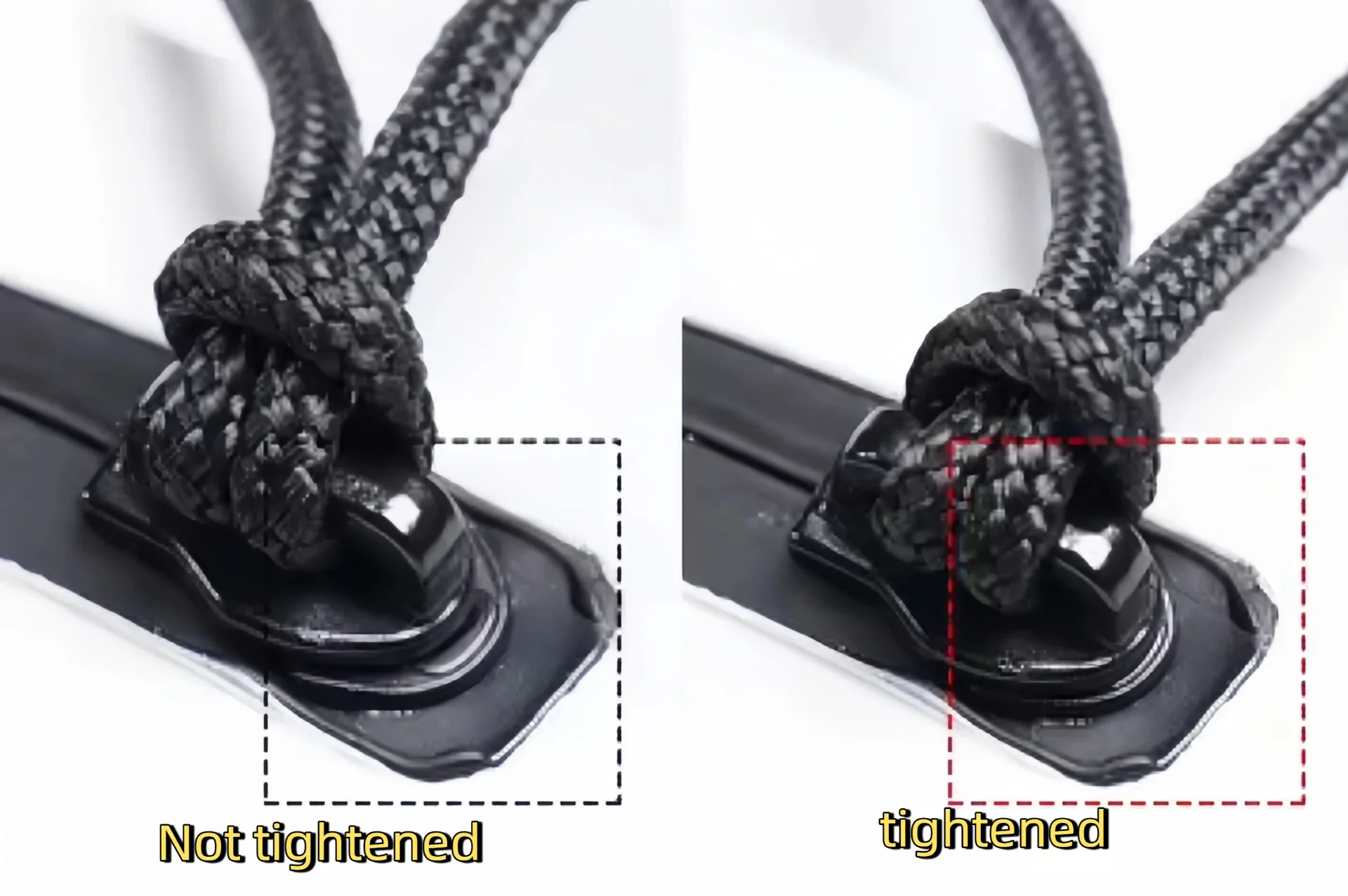 Close-up comparison of a drawstring toggle setup: left side shows a loosely attached cord, right side displays a securely tightened cord with red box highlight for improved garment accessory functionality.
