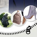 A golf bag, a brown backpack, and a high heeled boot, each featuring zippers, highlighted with a zipper design backdrop.