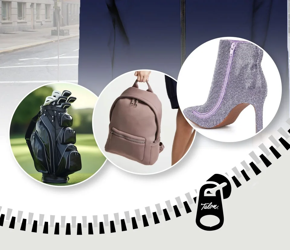 A golf bag, a brown backpack, and a high heeled boot, each featuring zippers, highlighted with a zipper design backdrop.
