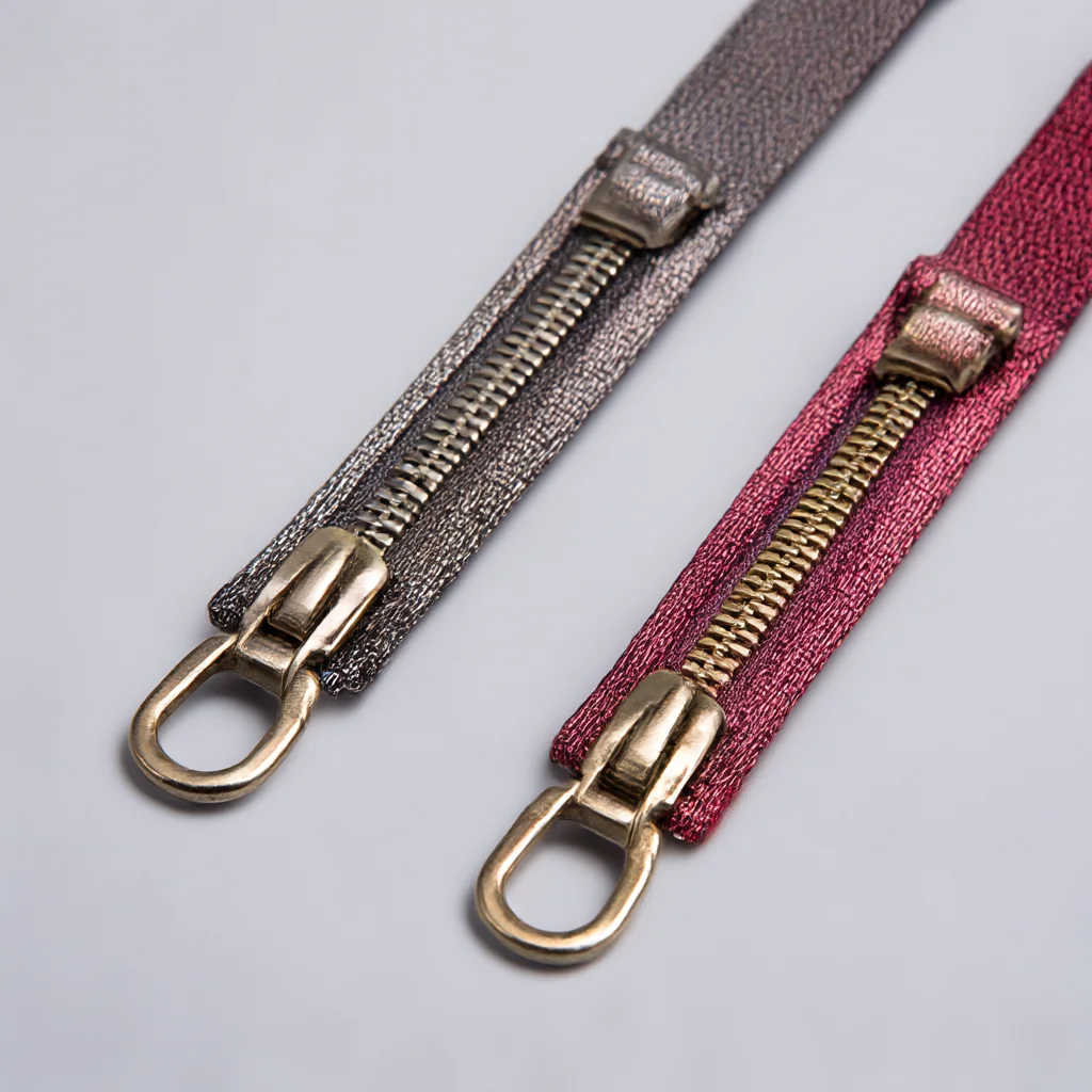 Two metal zippers with bronze pulls and cloth tapes in gray and red on a light gray surface, showcasing garment accessories.