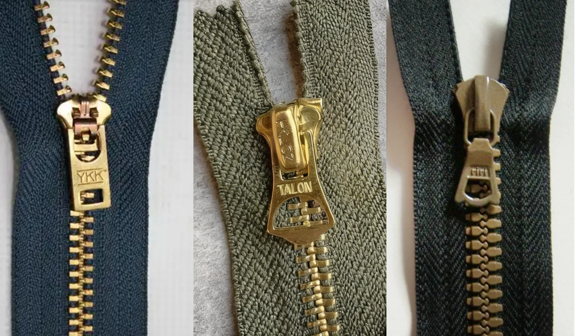 Close-up view of three metal zippers from YKK, Talon, and an anonymous brand, highlighting design differences and materials.