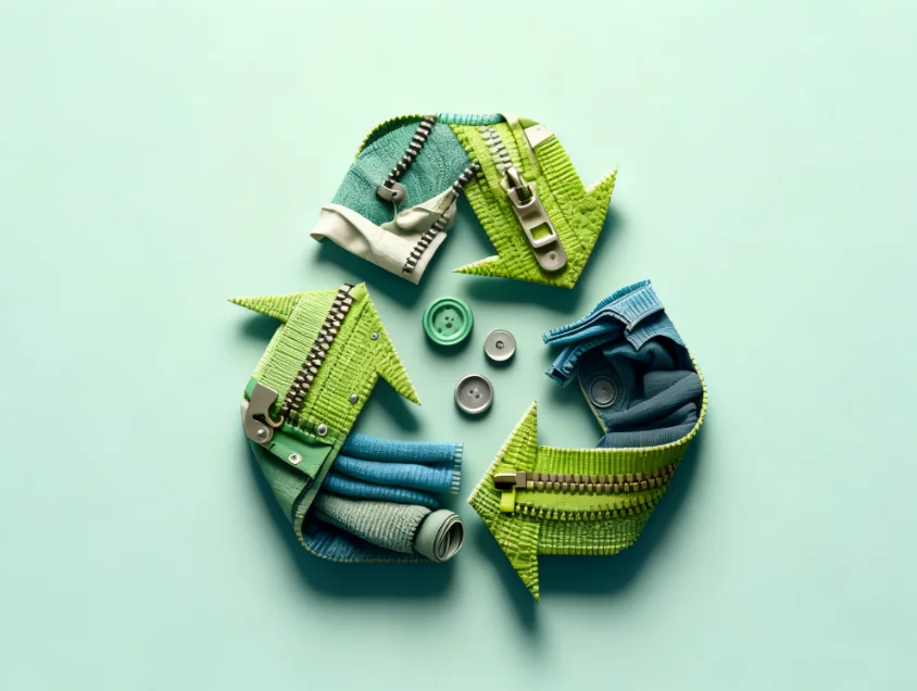 A recycling symbol composed of green and blue zippers and buttons arranged on a light green background, symbolizing sustainability.