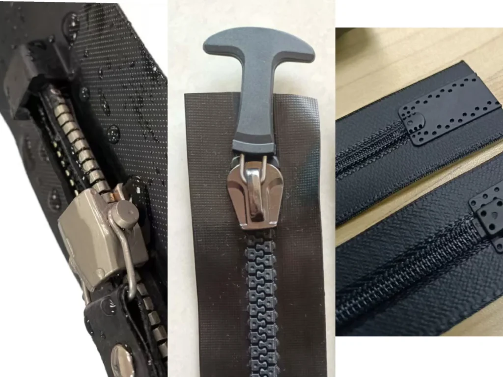 Close-up of three distinct zipper types showing metal, plastic, and fabric materials used for garment and bag accessories.
