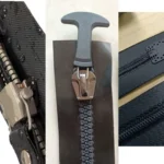 Close-up of three distinct zipper types showing metal, plastic, and fabric materials used for garment and bag accessories.