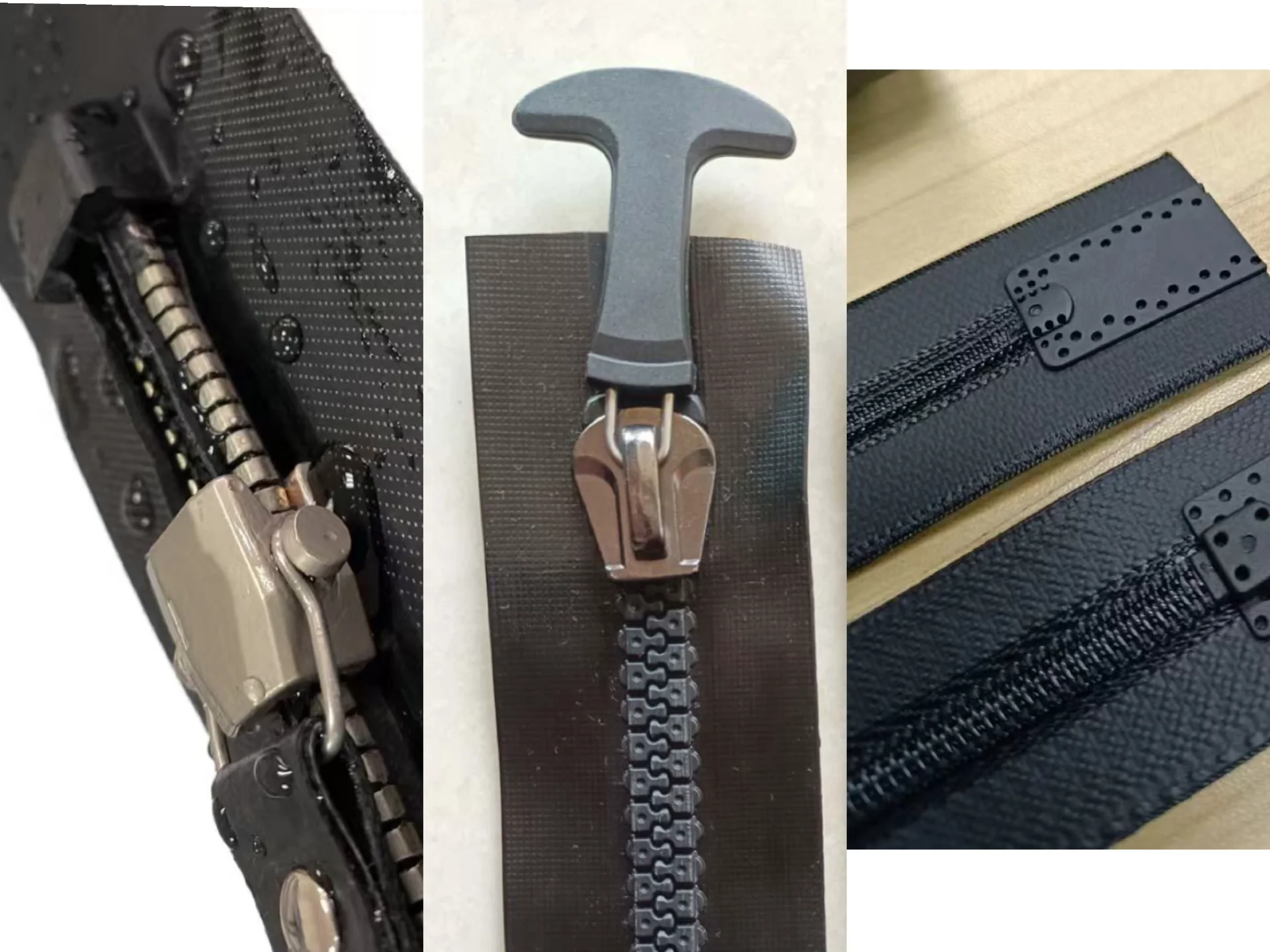 Close-up of three distinct zipper types showing metal, plastic, and fabric materials used for garment and bag accessories.