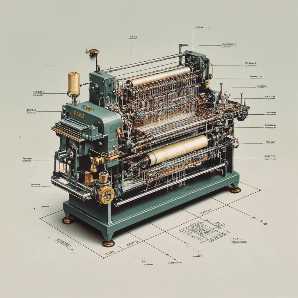 A vintage textile weaving machine with various labeled parts and detailed components displayed in a technical diagram format.