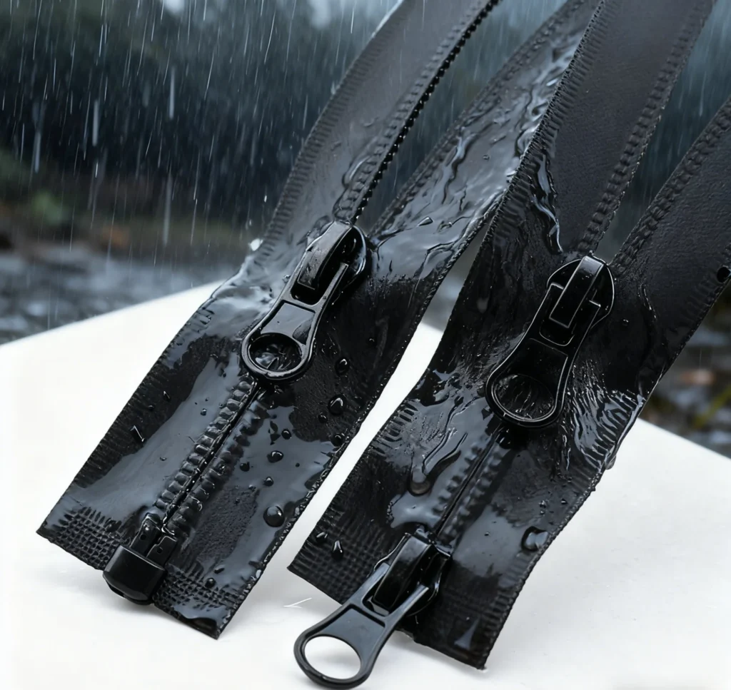 Two black waterproof zippers on a white surface with raindrops falling, showcasing durability and resistance to water.