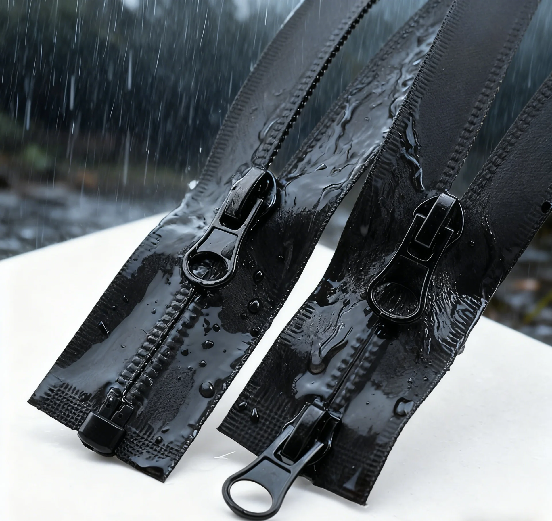 Two black waterproof zippers on a white surface with raindrops falling, showcasing durability and resistance to water.