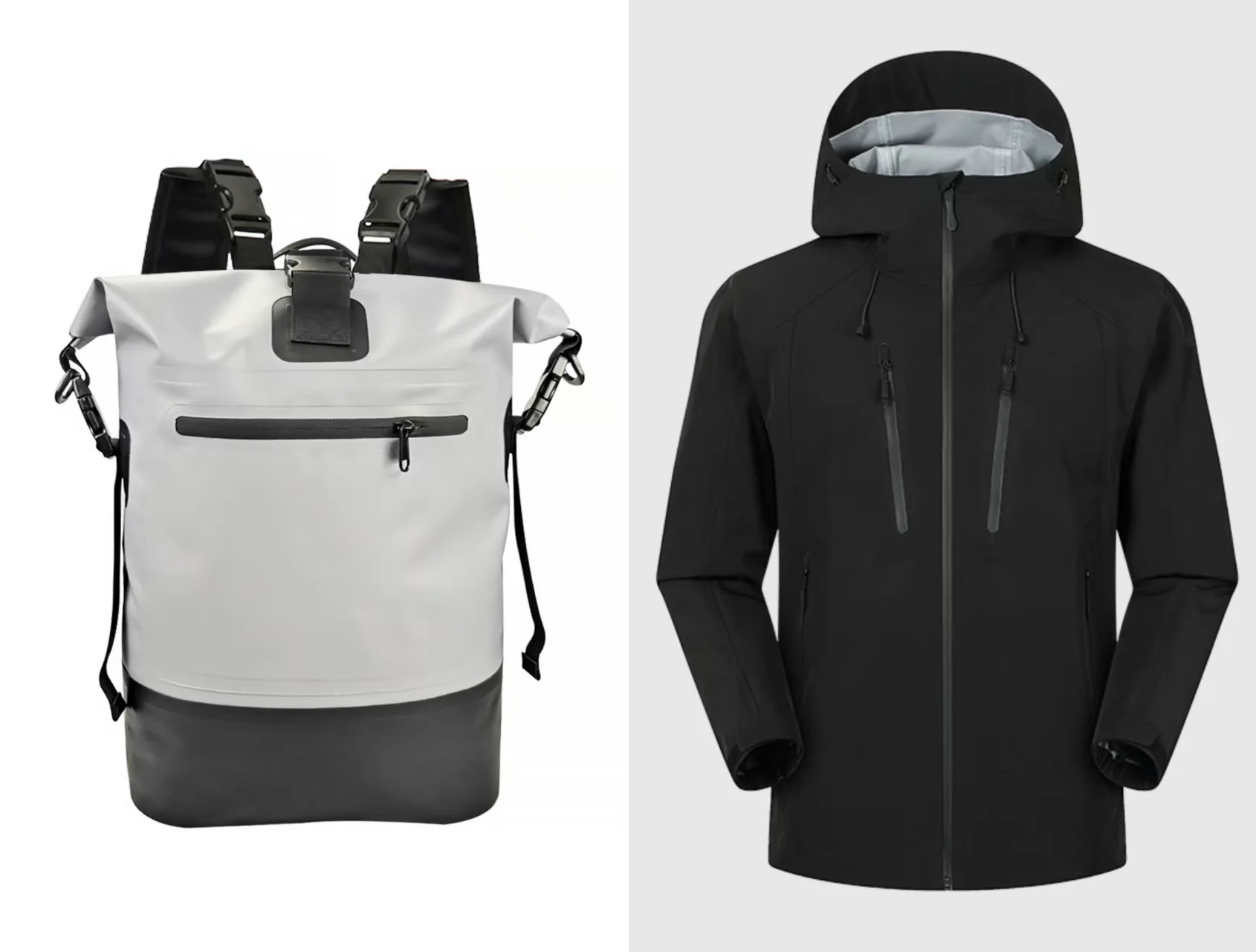 White waterproof backpack with a black bottom and a black hooded jacket side by side, showcasing modern outdoor gear.