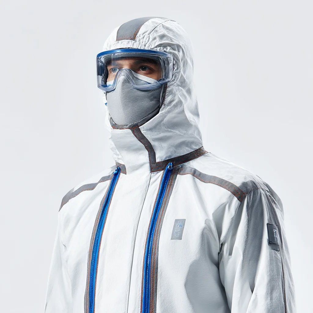 White technical jacket featuring blue zippers and grey accents, designed for protective wear.