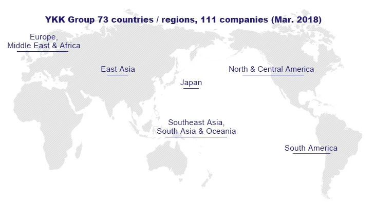 Map showing YKK Group's global presence in 73 countries with 111 companies as of March 2018, highlighting regions like East Asia, Japan, Europe, and more.