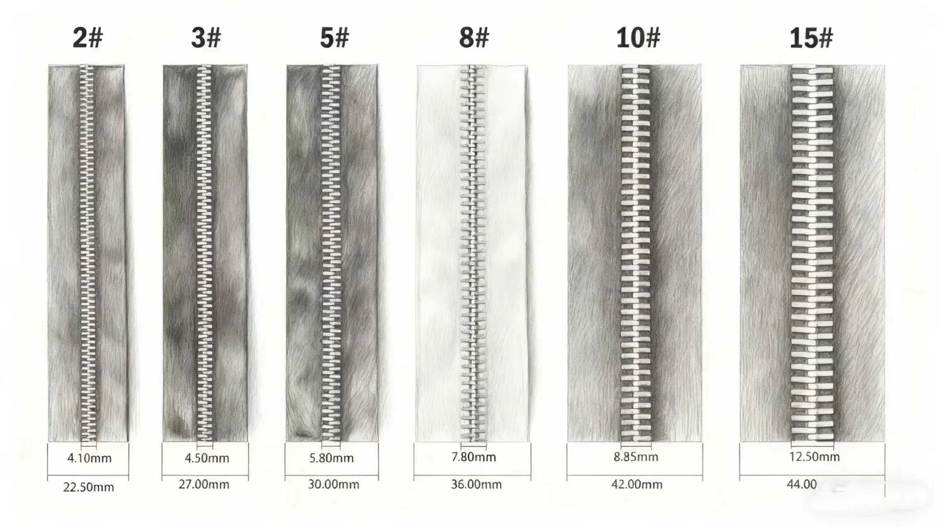 Chart displaying various zipper sizes ranging from 2# to 15# with measurements of elements and tape in millimeters.