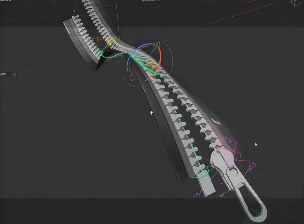 A detailed 3D rendering of a zipper showcasing the teeth structure and slider on a digital interface, featuring intricate design adjustments.