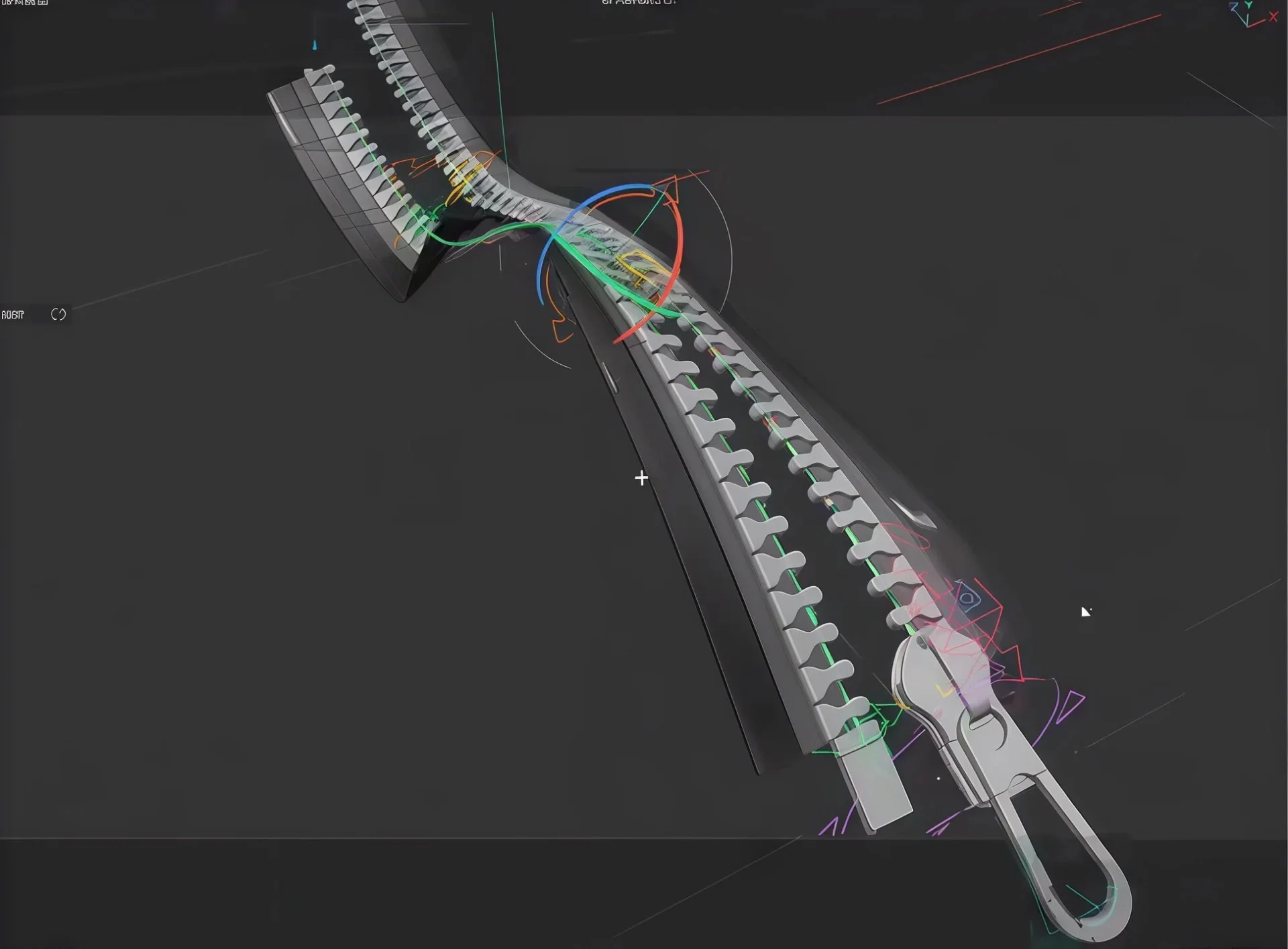 A detailed 3D rendering of a zipper showcasing the teeth structure and slider on a digital interface, featuring intricate design adjustments.