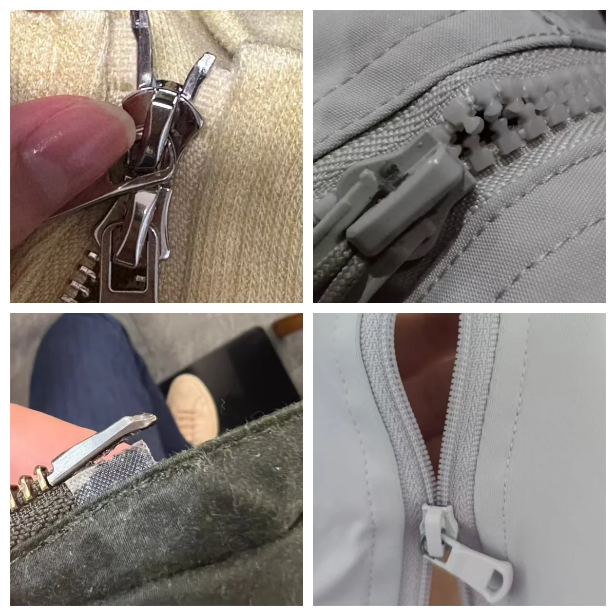 Four images showing different zipper designs and mechanisms on various fabrics, highlighting diversity in garment accessories.