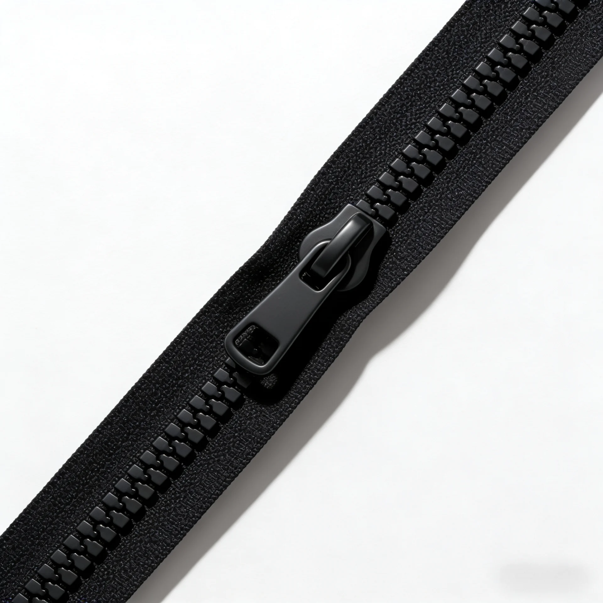 Close-up view of a black nylon zipper on a light background, showing detailed teeth and pull tab.