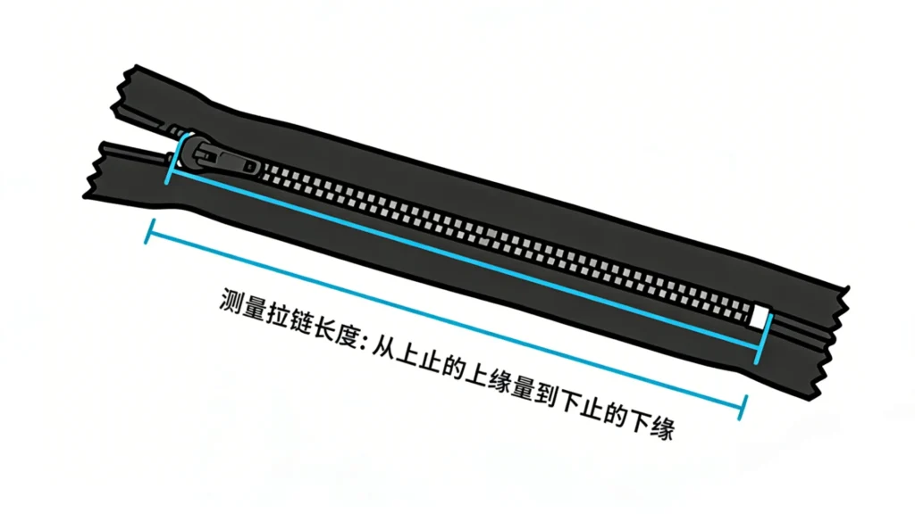 Illustration of a black zipper with measurement lines showing how to measure zipper length from top to bottom.