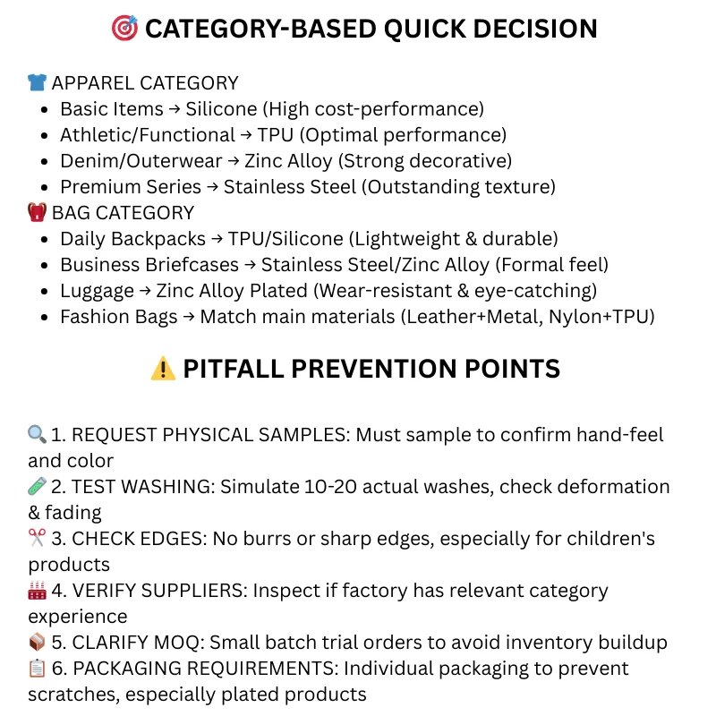 Text guide detailing category-based quick decisions for garment and bag sourcing, including materials and pitfall prevention points.