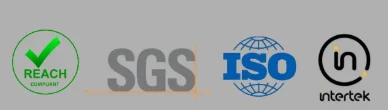 Four certification logos: REACH compliance, SGS, ISO, and Intertek on a gray background.