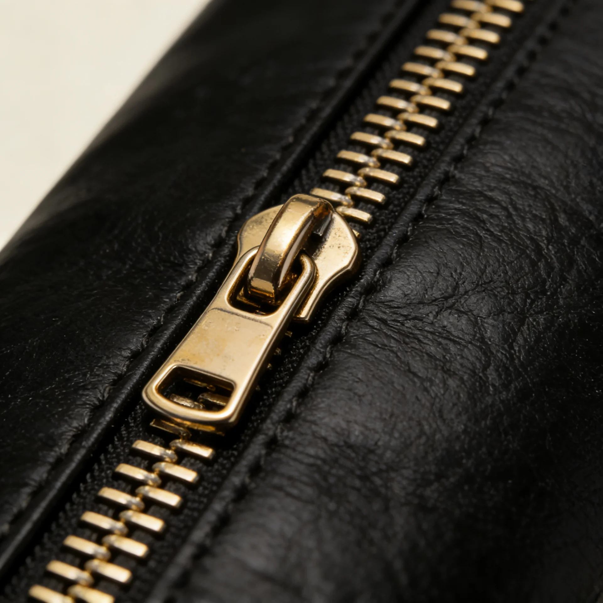 Close-up of a gold zipper on black leather, showing intricate details of the zipper teeth and pull tab.
