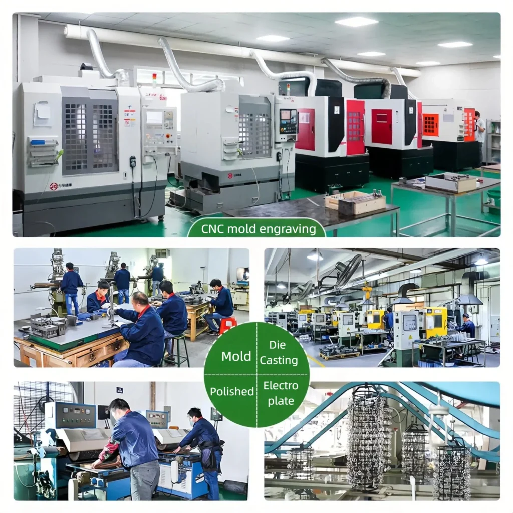 CNC mold manufacturing facility showcasing engraving machines, workers on assembly, and die casting equipment in operation.