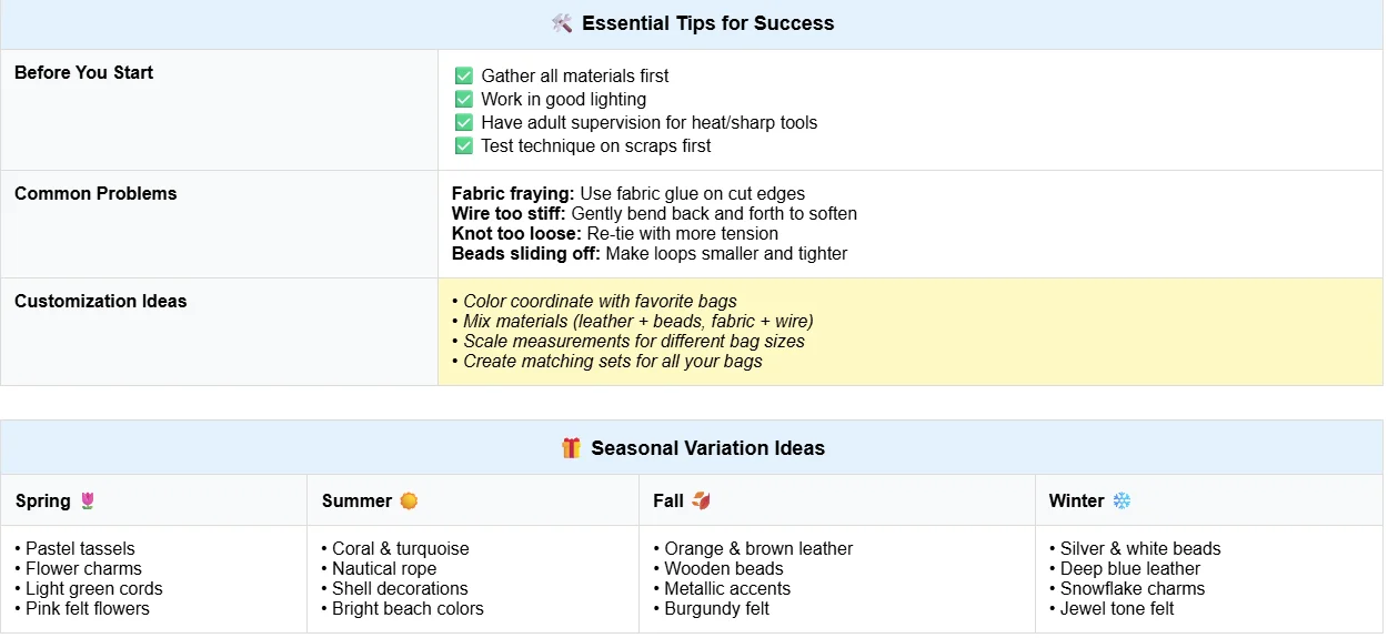 Table with crafting tips for success, common problems, customization ideas, and seasonal variations for spring, summer, fall, and winter.
