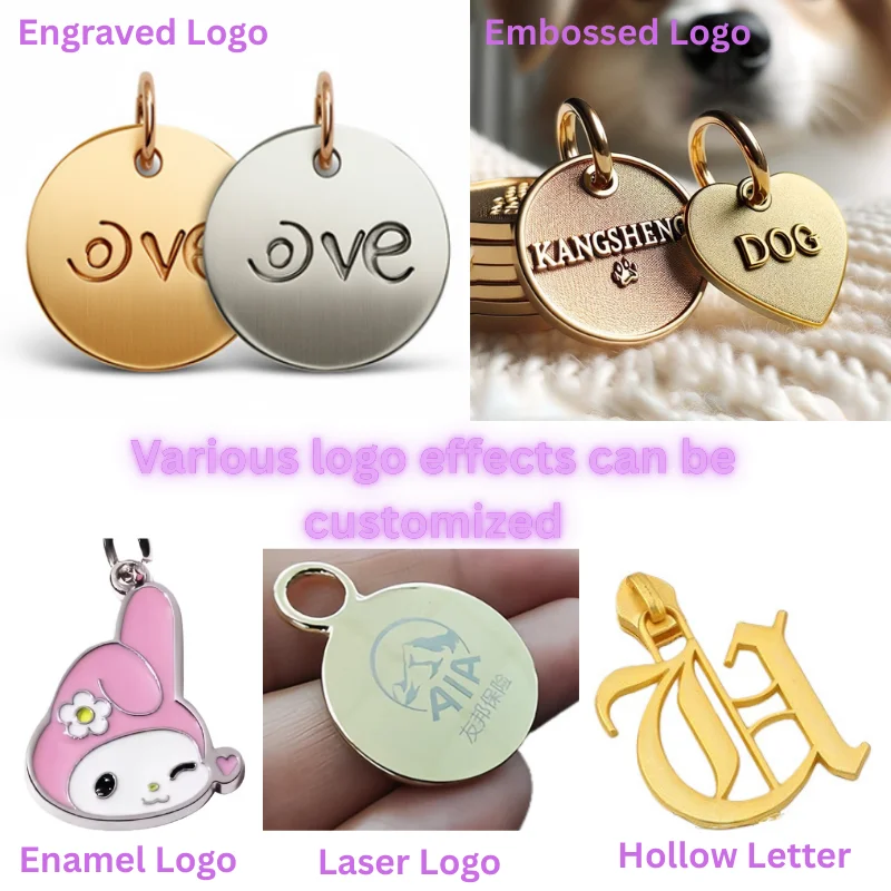 Different types of customizable logo effects on keychains, including engraved, embossed, enamel, laser, and hollow letter designs.
