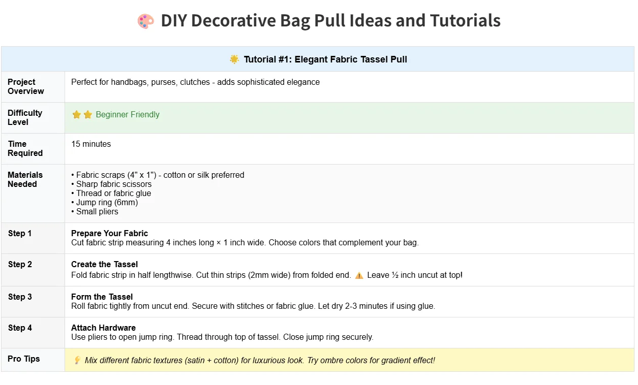Step-by-step guide for creating elegant fabric tassel pulls for bags, including materials and tips.