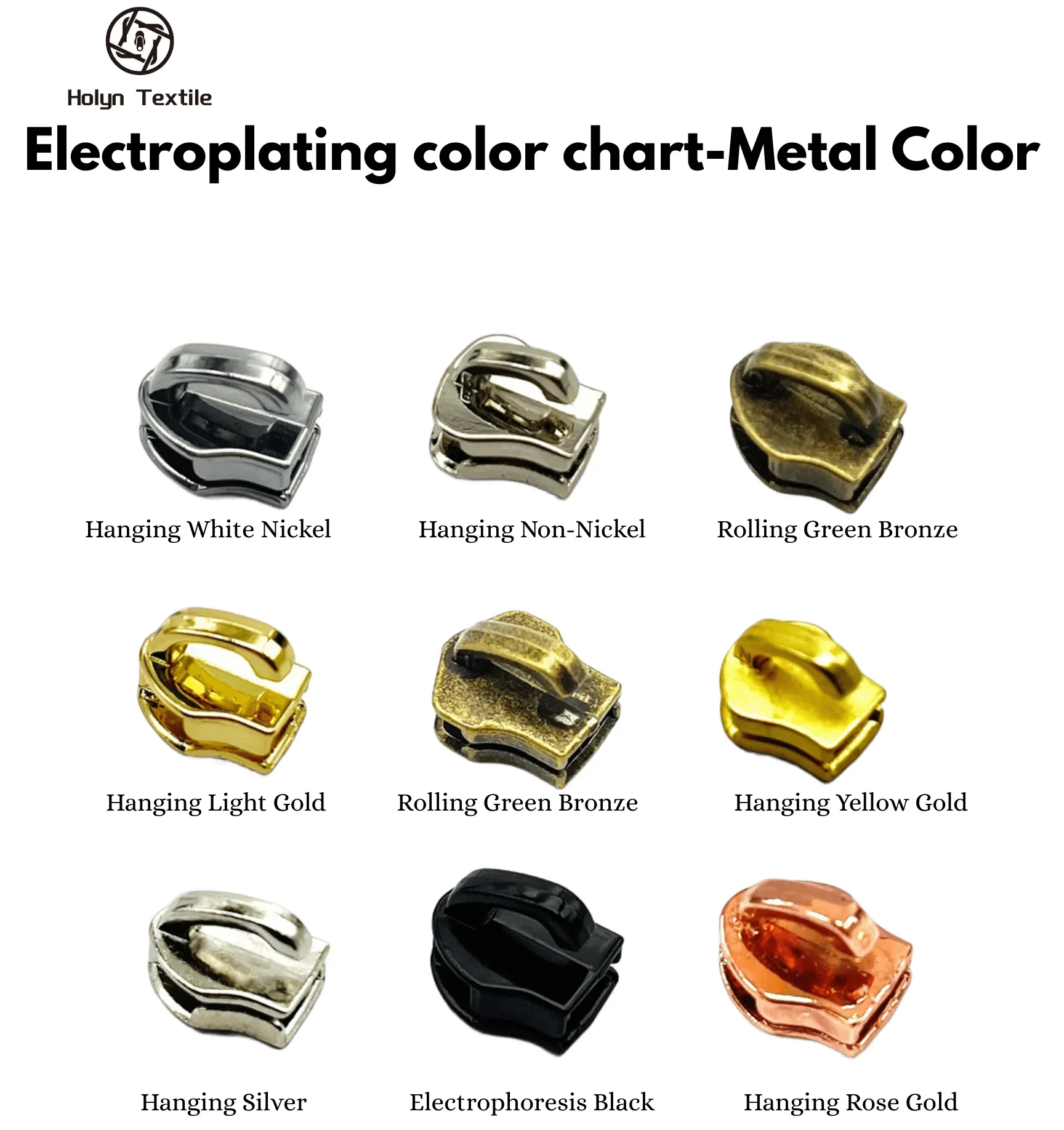 Chart showing various electroplating metal colors for garment accessories, including Hanging White Nickel, Non-Nickel, Green Bronze, Light Gold, Yellow Gold, Silver, Electrophoresis Black, and Rose Gold.