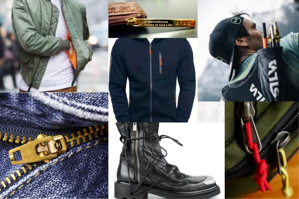 A collage featuring various garment accessories including zippers, a green jacket, a navy sweatshirt, denim with a zipper, black boots, and backpack straps.