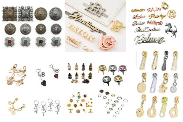 A diverse assortment of garment and bag accessories including buttons, zippers, studs, tags, and logos in various materials and designs.