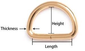 Gold D-ring with dimensions labeled for thickness, height, and length, commonly used as a garment or bag accessory.