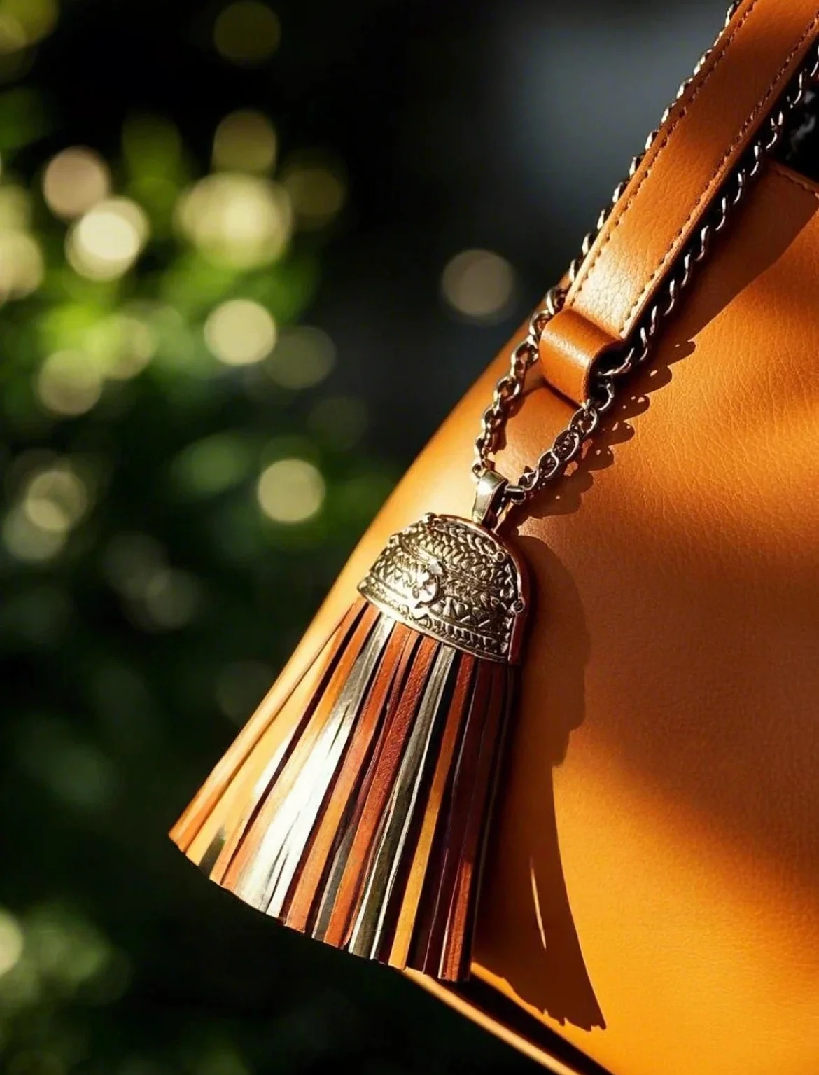 Close-up of a tan leather bag with a decorative tassel and metal chain in soft sunlight.