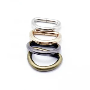 Four metal bag buckles in silver, gold, black, and bronze finish shown in vertical alignment against a white background.