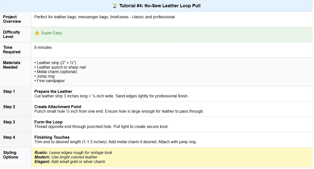 Step-by-step guide for creating a no-sew leather loop pull, including materials needed and instructions for attaching and styling options.