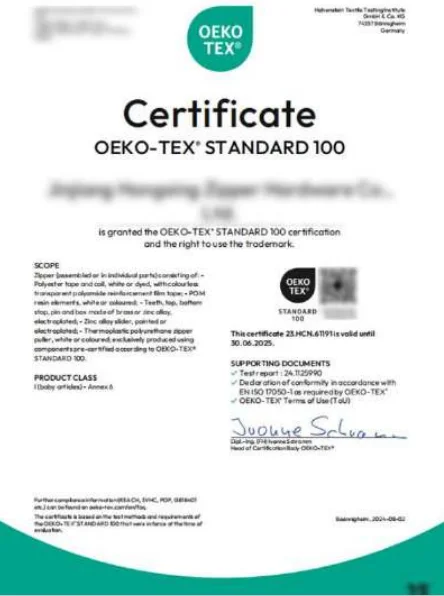 OEKO-TEX Standard 100 certificate for textile safety