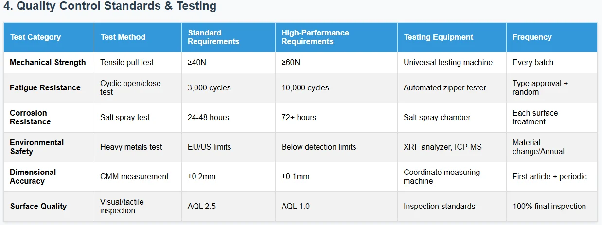 Table displaying quality control standards and testing methods for garment and bag accessories, including categories like mechanical strength and fatigue resistance.