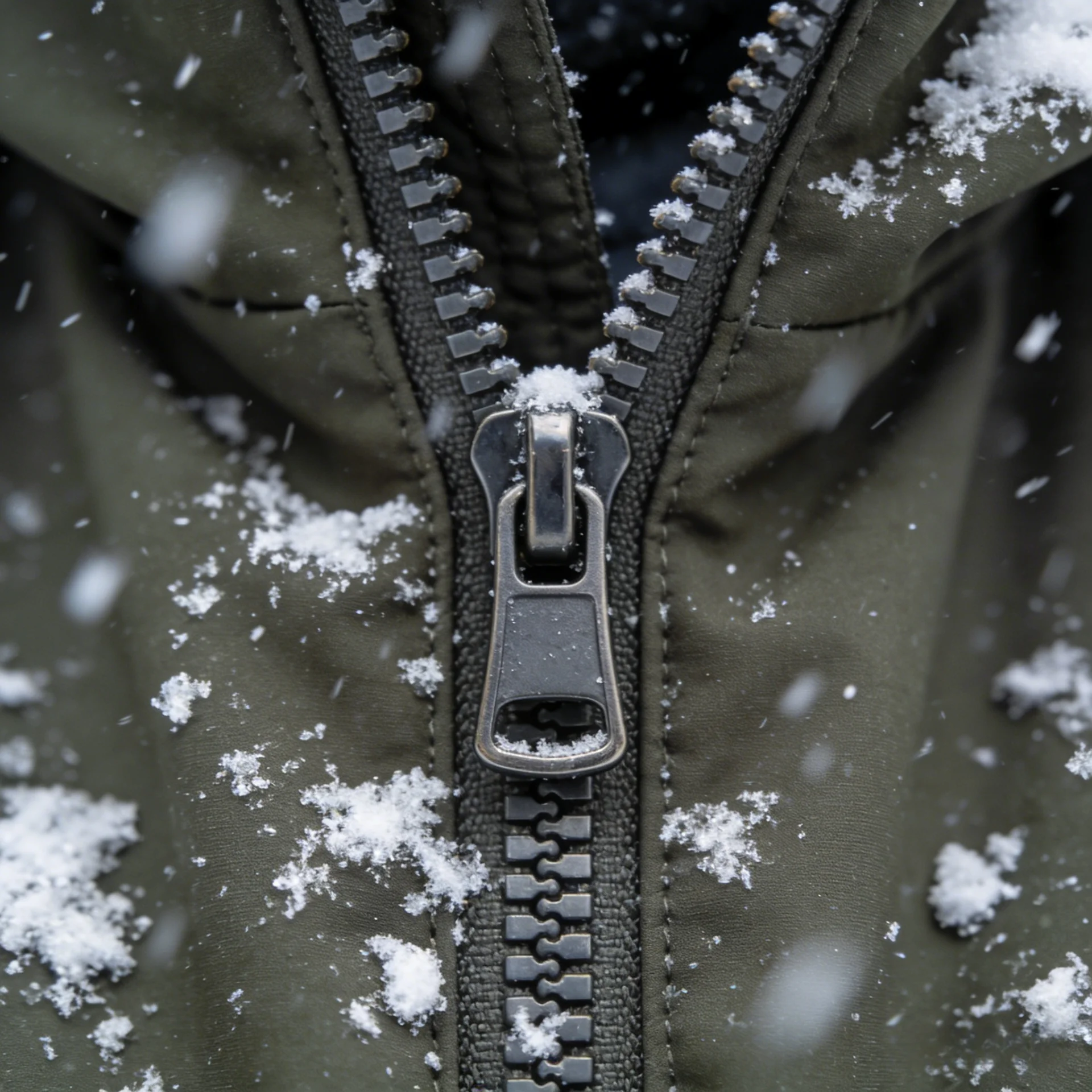 Close-up view of a jacket zipper with snow scattered on the fabric, highlighting its winter use and durability.
