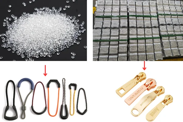 Image depicting the production process of garment accessories, including plastic granules, finished zipper pulls, and care labels.