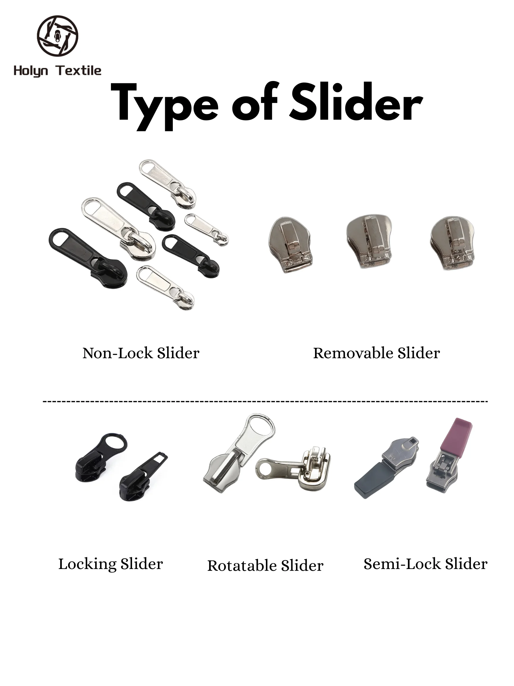 Different types of sliders including non-lock, removable, locking, rotatable, and semi-lock displayed with labels.