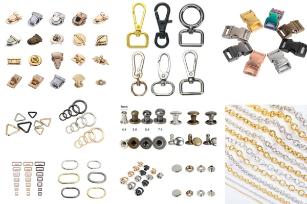 Various garment and bag accessories including clasps, hooks, buckles, and chains in different materials and finishes displayed on a white background.