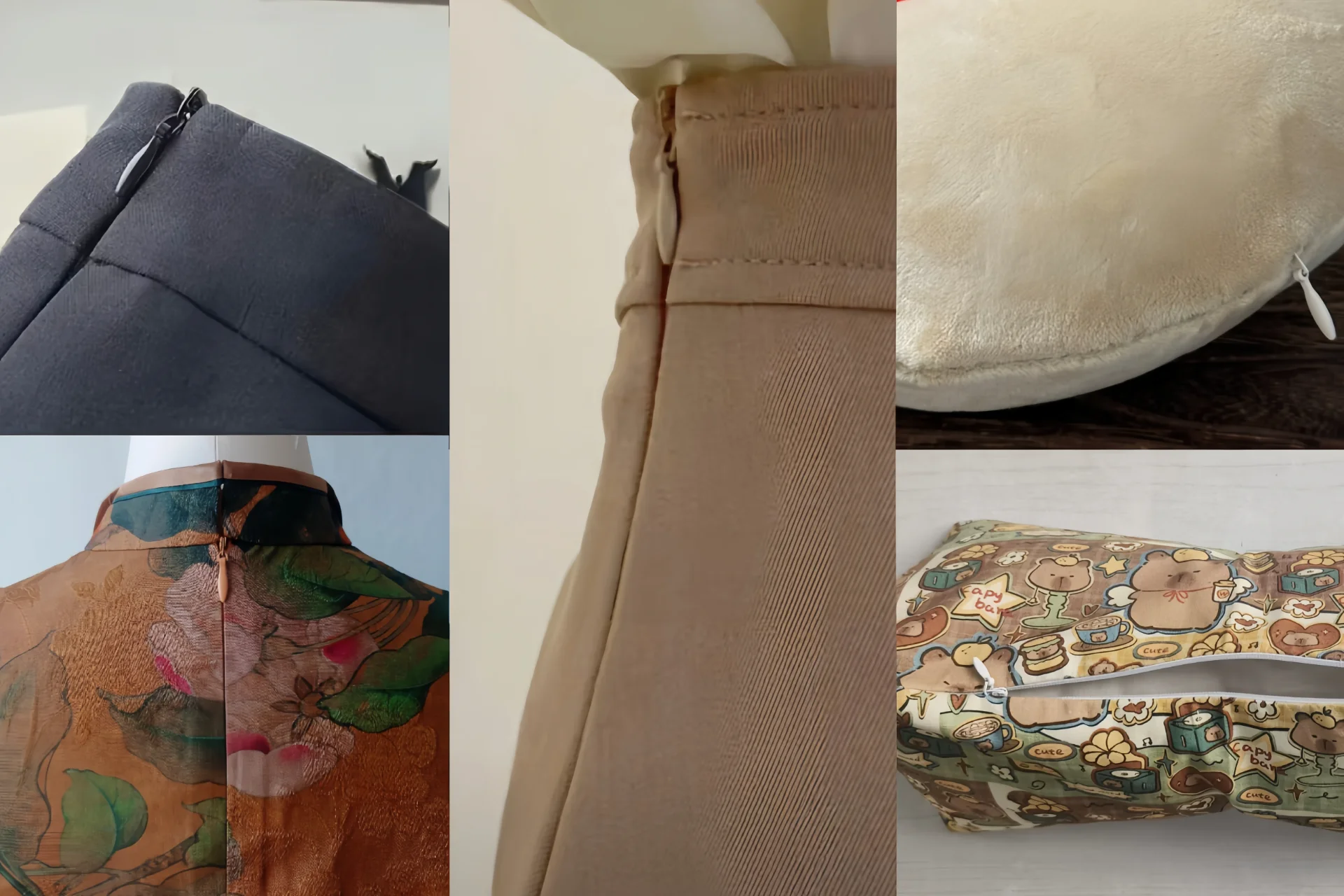 Collage of different garment and bag zippers, including close-ups of grey, beige, floral, and cartoon-patterned fabric with zippers.